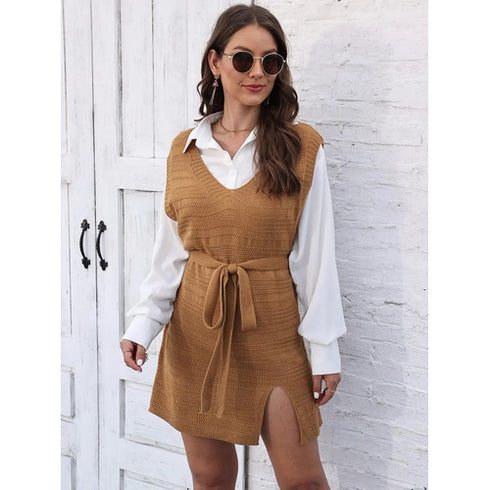 'Saira' V-Neck Sleeveless Sweater Dress - Celes Fashion